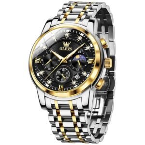 OLEVS Mens Watches Chronograph Diamond Quartz Date Calendar Moon Phase Luxury Two Tone Stainless Steel Waterproof Luminous Business Wrist Watch