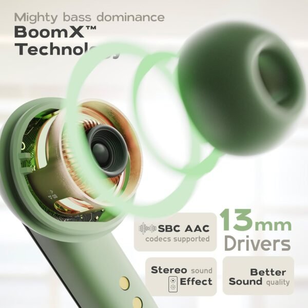 Boult GOBOULT Z40 Pro with 100H Playtime, Quad Mic ENC, 45ms Low Latency Gaming, Premium Rubber Grip Case, 13mm Bass Drivers, Made in India TWS Truly Wireless in Ear Earbuds (Jungle), Green - Image 6
